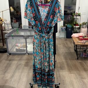BloomChic Floral Maxi Dress with Blue and Pink Accents